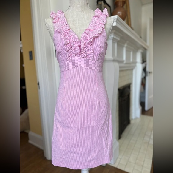 Lilly Pulitzer Phoebe Lucky Seersucker Pink Striped Ruffled Sundress size 0 - Picture 1 of 3